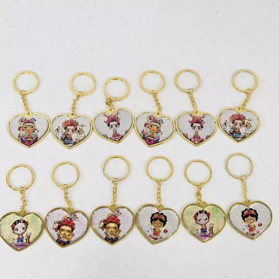 Lot 12 Frida Kahlo Gold Tone Keychain Heart Shape Drawing Mexico Souvenir 4" New