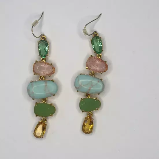 Faux Turquoise and Gem Stone Drop Dangle Gold Tone Earrings Pink Green Amber