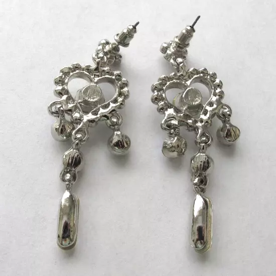 Vintage Irridescent Rhinestone Silvertone Heart Earrings Long Dangle Pierced Ear