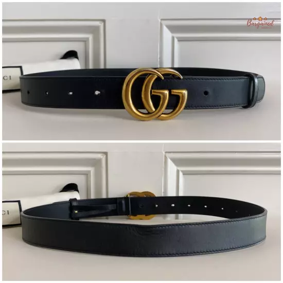 Authentic Gucci Black Calfskin Leather Gold Double G Buckle Slim Belt 80/32