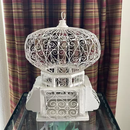 Victorian White Wood & Wire Dome 4 Sided Bird Cage 16" Tall