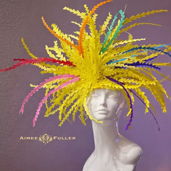 Aimee Fuller Kentucky Derby Fascinator Big Hat Rainbow Yellow Red Royal Ascot