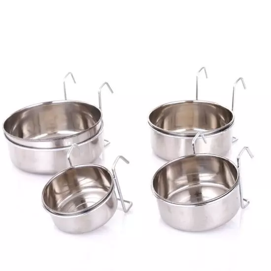 Stainless Steel Feeding Feeder Food Water Bowl + Hook For Pet Bird Parrot Cage