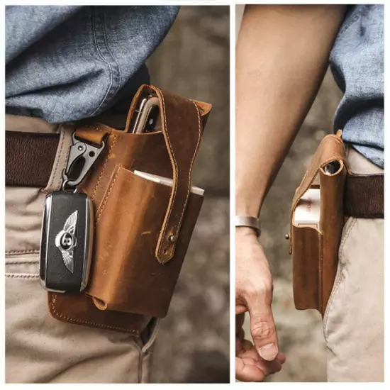 Retro Mens Waist Bag Genuine Leather Cell Phone Holster Case Belt Loop Sp FAST