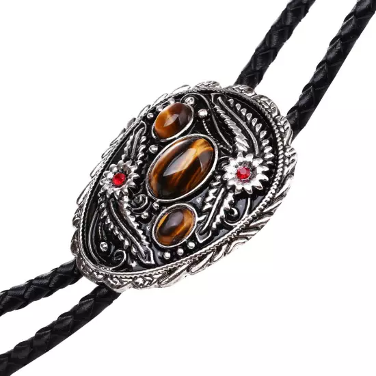 Flower Grass & Tiger-eye Stone BOLO Tie Necklace Wedding Western Native American