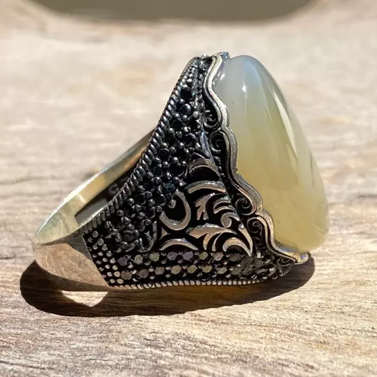 925 Sterling Silver men ring natural strong energy agate aqeeq akik silver ring