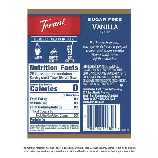 Torani Sugar Free Syrup Vanilla 25.4 Ounces Pack of 4