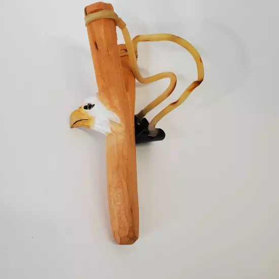 HANDMADE WOOD CARVED HAND PAINTED EAGLES HEAD SLING SHOT