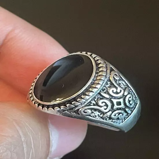 Natural Oval Black Obsidian Stone S925 Silver Plated Men Women Ring Size 9