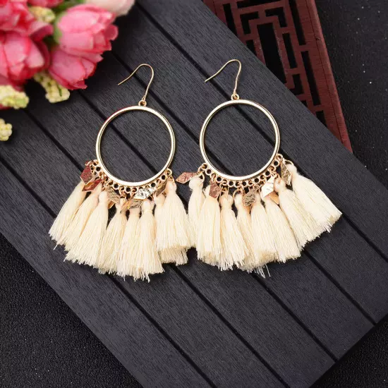 Fashion Women Bohemian Earrings Long Tassel Fringe Drop Dangle Ear Stud Jewelry