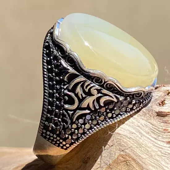 925 Sterling Silver men ring natural strong energy agate aqeeq akik silver ring