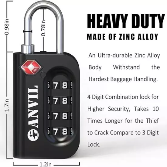 TSA Approved Luggage Lock - 4 Digit Combination, 10,000 Combinations, Easy-Read