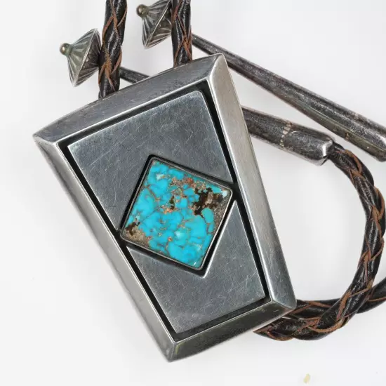 c1970 Alberto Contreras Sterling Modernist bolo tie with turquoise 40"