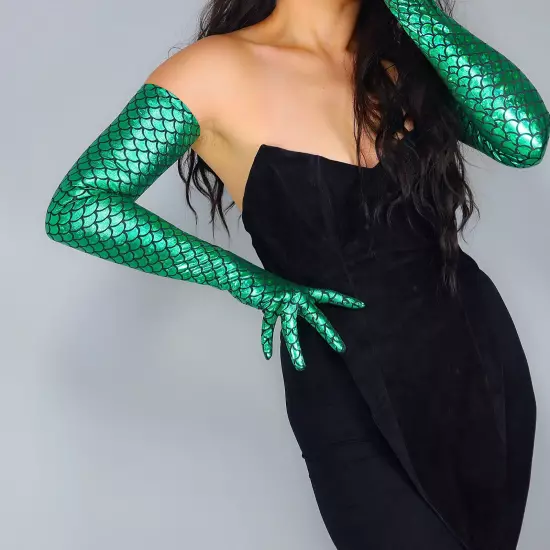 MERMAID GLOVES 28" 70cm Extra Long Shine Green Holographic Fish Scale FITTED