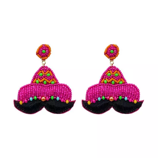 Pink Felt Back Seed Beaded Hat Mustache Dangle Earrings