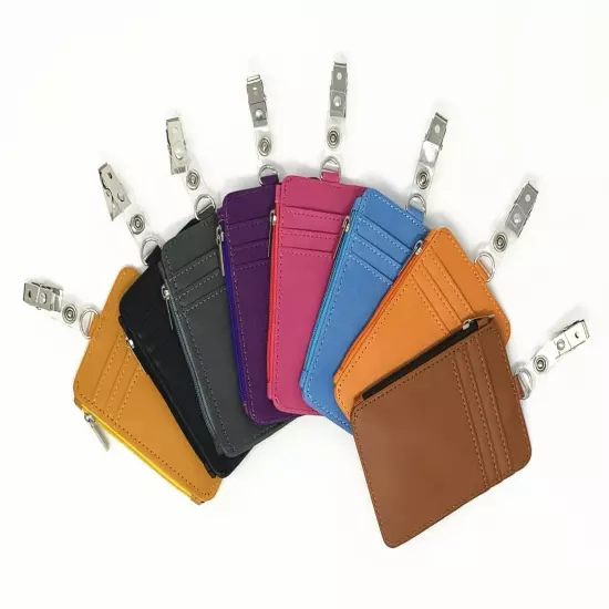 Zipper Leather Vertical ID Badge Holder with 4 card slots and Clip NEW