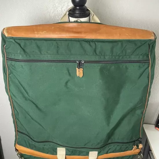 80s 90s LL BEAN Green Canvas Leather Folding Garment Carrying Bag Travel Vintage