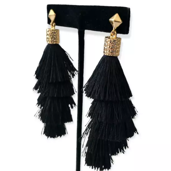 Tassel Dangle Earrings Long Witchy Black Gold Tone Lightweight Gypsy Boho Hippie