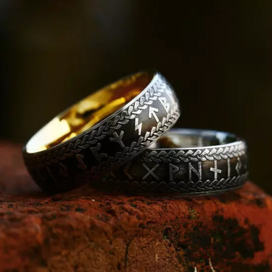 Men's Women's Retro Wedding Band Ring Stainless Steel Viking Runes Jewelry Ring