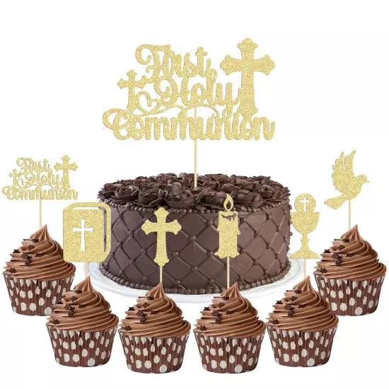 Gyufise 25Pcs First Holy Communion Cupcake Toppers Gold Glitter First Communi...