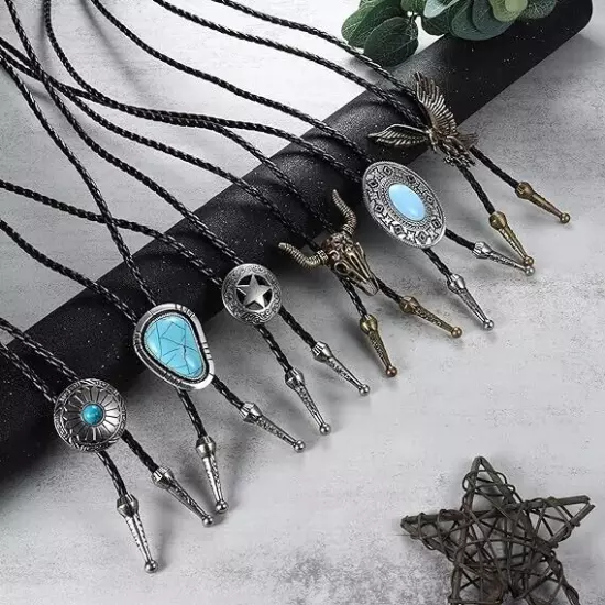 6Pcs Handmade Bolo Tie for Men Western Cowboy Leather Necktie Native American