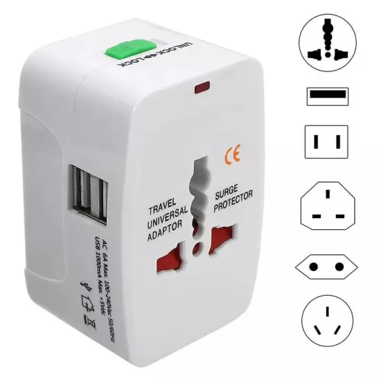 AU US UK EU Converter All in One International Plug Adapter 2 USB Ports World Tr