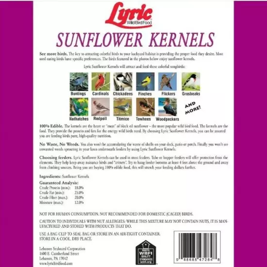 25 lb. Sunflower Kernels.100% Bird Food. Sunflower Only - No Shells Included.