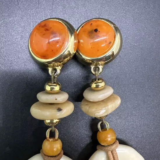 Vintage Costume Clip On Faux Amber & Bone Dangle Earrings 70s Boho Style