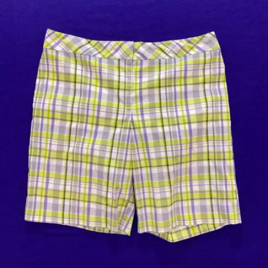 Izod Golf Womens Size 14 Purple & Lime Green Plaid Stretch Polyester Shorts