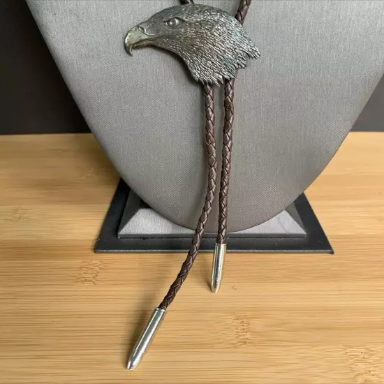 Vintage Eagle Design Bolo Tie Pewter Unique Bullet Aglets Western Wear