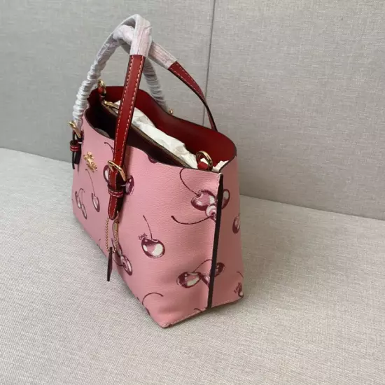 Brand New COACH CR293 Mollie Tote 25 Shoulder Bag Canvas Leather Cherry Pink 