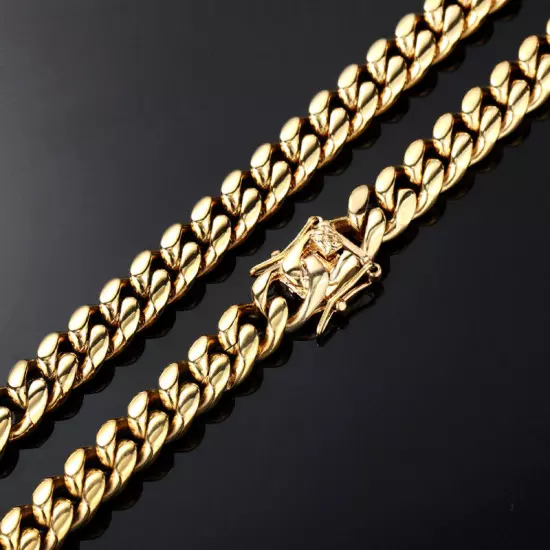 Men's Solid Miami Cuban Link Bracelet Chain 14K 18K Gold Plated Stainless Steel