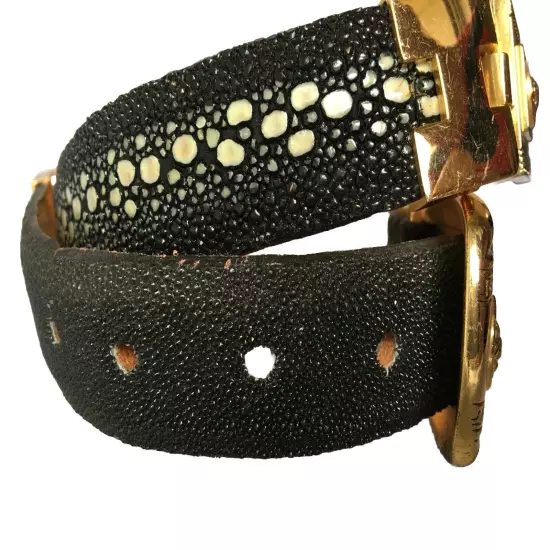 Men's Stingray Black Exotic Leather Golden Links Belt Cinto Exotico Mantarraya