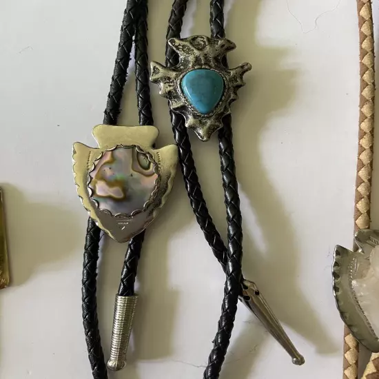 VINTAGE Bolo Tie Lot of 7 Leather Cord Arrowhead Turquoise Tigers Eye Chief