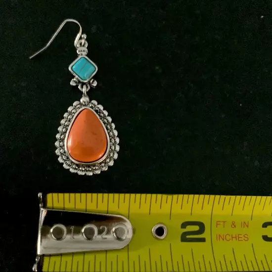 Native American Style Faux Turquoise & Coral Silver Teardrop Navajo Earrings NEW