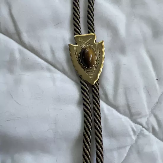 Vintage Tiger’s Eye Gold Tone Arrowhead Bolo Tie Brown Cord Bullet Case Tips