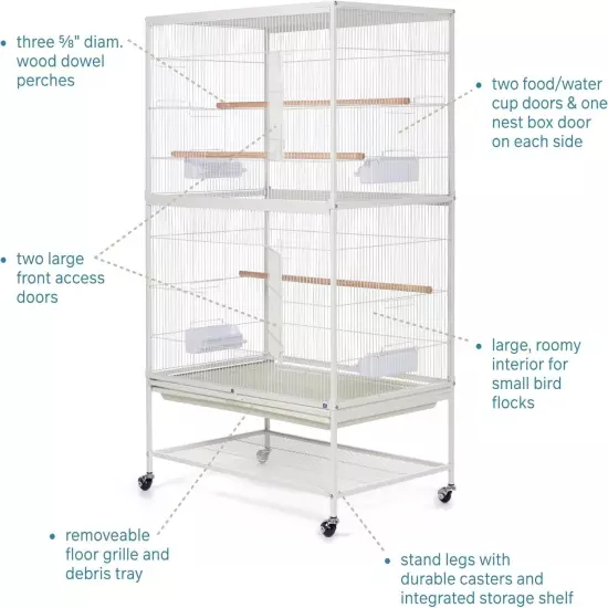 Spacious White Wrought Iron Flight Cage on Stand for Small Birds - 31"L x 53"H