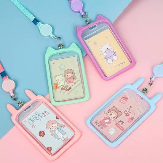 Cute Cat Ear ID Card Holder Retractable Reel Lanyard Credit Cover Case Kids Gift