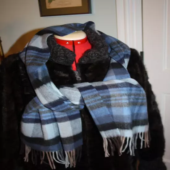 Nordstrom 100% Lambswool Scarf British Blue, Black & Derby Grey Tartan Mint