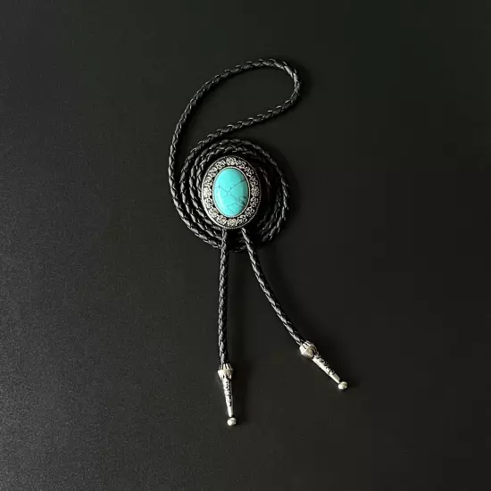 Natural Turquois Bolo Tie Western Carved Pattern Alloy PU Rope Wedding Necklace