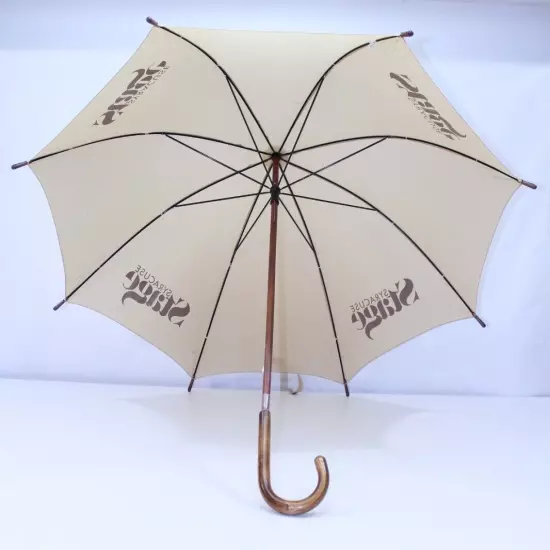 VTG Rain Sun Umbrella Parasol Syracuse Stage Nylon Brown Tan Wood Handle Art