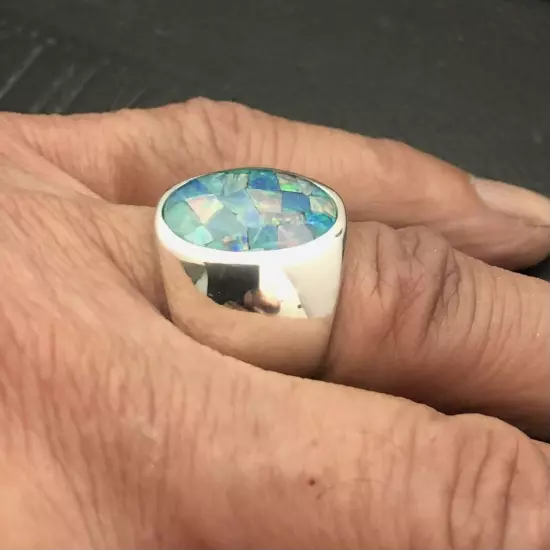 MJG STERLING SILVER MEN'S RING. 18 x 13mm MOZAIC OPAL TRIPLET CAB. SZ 10 1/2