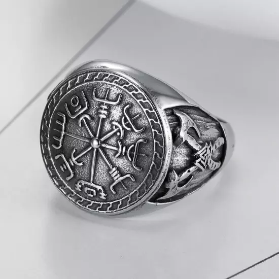 Vintage Viking Compass Cross Axe Ring Stainless Steel Men's Biker Jewelry Ring