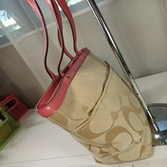 Coach Shopper Medium Pink Khaki Tote Purse Signature Stripe Canvas Patent Leathe