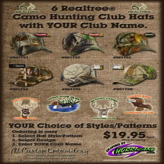 6 Awesome Realtree® Camo Hunting Club Hats with YOUR Club Name (Embroidery)