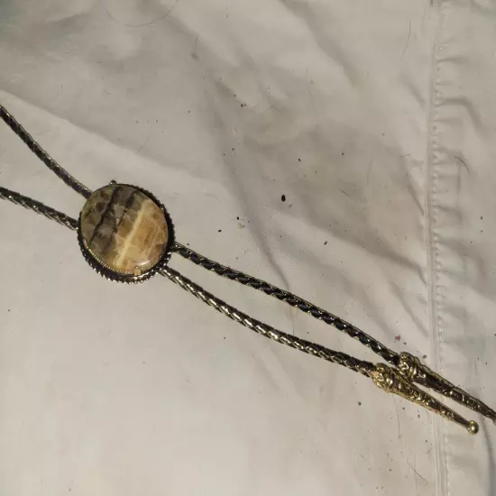 Vintage Natural Honey Onyx Bolo Tie Gold Tone Setting N Tips 1970's