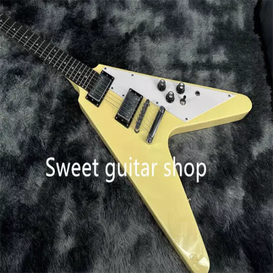 Yellow Flying V Electric Guitar Fixed Bridge Solid Body White Pickguard 6-string