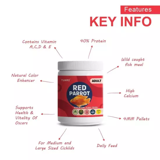 Red Parrot Fish Food | 4Mm Pellet Size, 500G| Fortified 40% Protein , vitamins