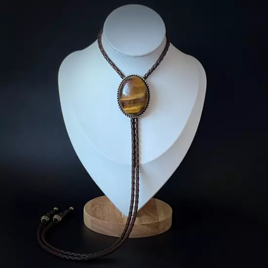 Natural Tiger's Eye Stone Bolo Tie Western Cowboy Alloy PU Rope Wedding Necklace