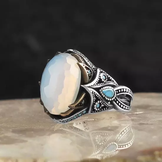 Moon Stone 925 Sterling Silver Men's Ring Turkish Handmade Silver Men's Jewelry